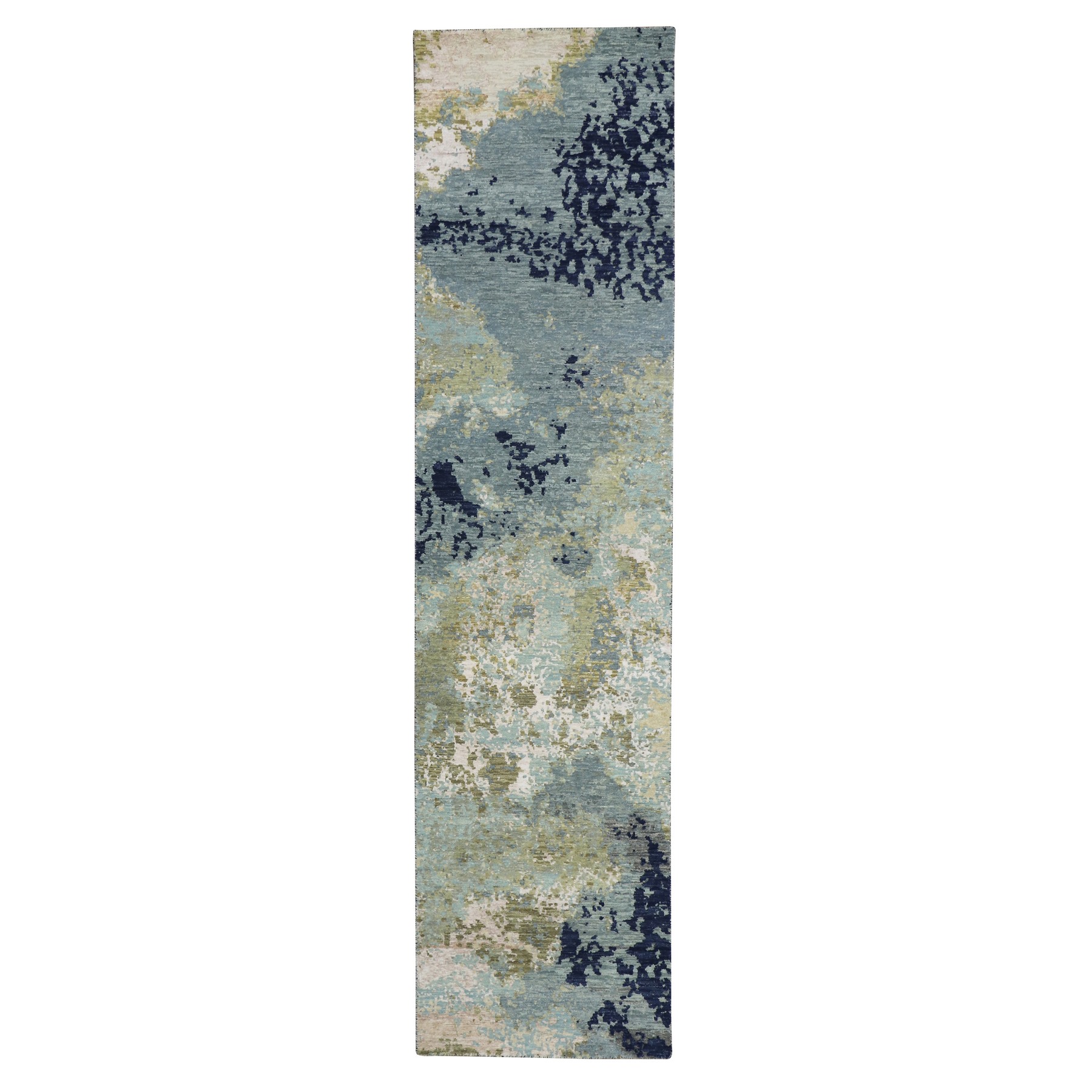 Misty Gray with Beige, Pure Wool, Abstract with Galaxy Design, Persian Knot, Hand Knotted, Densely Woven, Runner, Oriental Rug